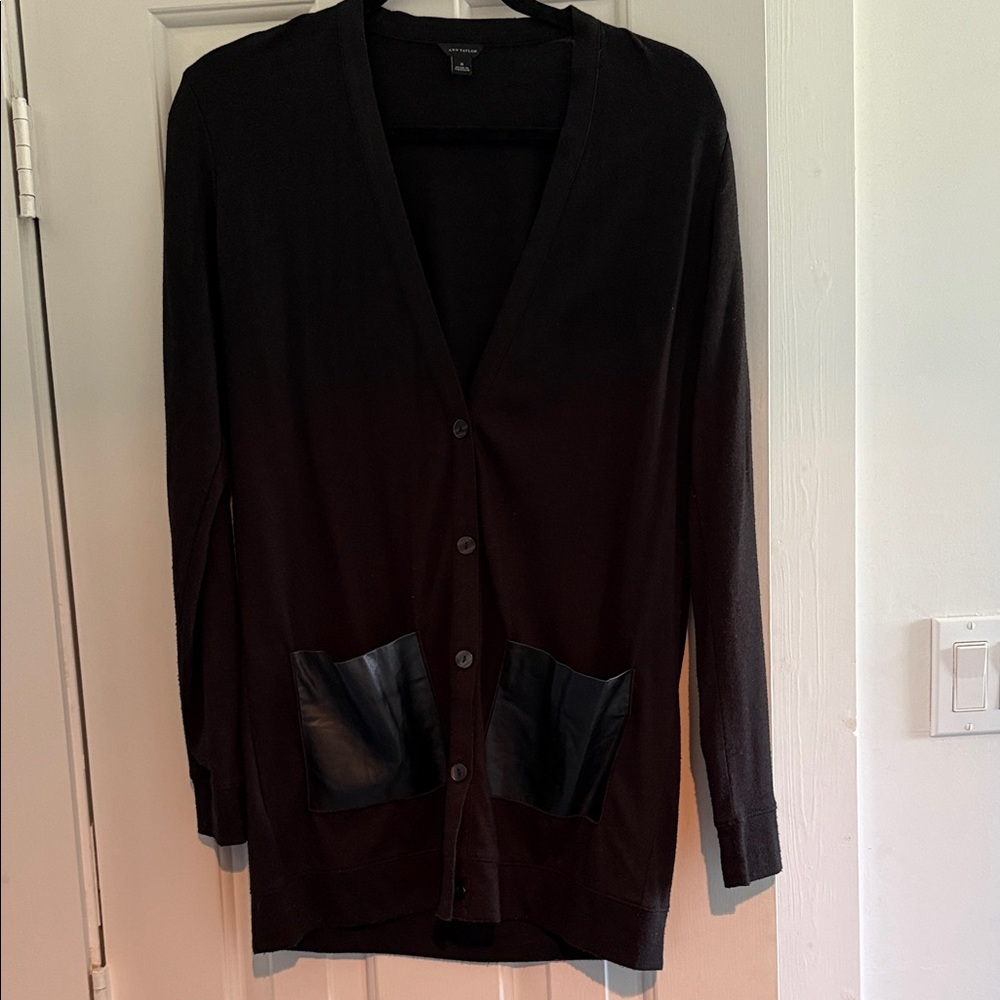 Ann Taylor Black Cardigan with Leather Pockets